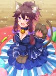  1girl :3 :d ahoge animal_ear_fluff animal_ears bangs bare_shoulders bell bell_collar blue_collar blue_dress blue_sleeves blurry blurry_background blush bow breasts brown_hair cat_ears cat_girl cat_tail cat_teaser cleavage collar collarbone commentary_request depth_of_field detached_sleeves dress eyebrows_visible_through_hair fangs fish_hair_ornament gloves hair_between_eyes hair_bow hair_ornament ittokyu jingle_bell long_hair long_sleeves medium_breasts open_mouth original paw_gloves paws purple_bow sidelocks signature sleeves_past_wrists smile solo star strapless strapless_dress tail tail_raised wooden_floor yarn yarn_ball 