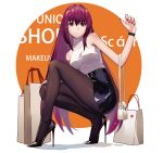  1girl alternate_costume bag belt black_legwear breasts casual character_name english_text fate/grand_order fate_(series) fingernails hand_on_own_knee handbag high_heels highres large_breasts leather_skirt light_smile long_hair looking_at_viewer pantyhose purple_hair red_eyes scathach_(fate)_(all) scathach_(fate/grand_order) shopping_bag skirt sleeveless squatting vic white_background wristband 