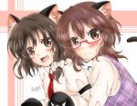  2girls animal_ear_fluff animal_ears armband bending_forward blush brown_eyes brown_hair cat_ears cat_tail commentary_request frown glasses gloves hair_between_eyes hair_ribbon juliet_sleeves kemonomimi_mode kuronon0509 long_sleeves looking_at_viewer loose_necktie low_twintails multiple_girls necktie no_headwear open_mouth paw_gloves paws plaid plaid_vest puffy_sleeves red-framed_eyewear red_neckwear ribbon semi-rimless_eyewear shirt short_hair signature striped striped_background tail touhou tress_ribbon twintails under-rim_eyewear upper_body usami_renko usami_sumireko vest white_background white_shirt 