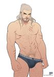  1boy abs body_hair bulge geralt_of_rivia looking_at_viewer male_focus muscle naughty_face nipples pecs penis scar short_hair silver_hair smirk solo tagme tattoo the_witcher the_witcher_2 the_witcher_3 topless underwear 