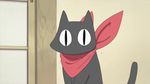  black_cat cat nichijou no_humans red_scarf sakamoto_(nichijou) scarf screencap solo tagme 