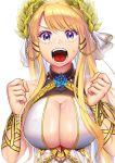  1girl asymmetrical_bangs azur_lane bangs blonde_hair blue_eyes breasts chains cleavage clenched_hands collarbone dress eyebrows_visible_through_hair flower hair_ornament head_wreath highres large_breasts long_hair mayuma_yumeko open_mouth ribbon shouting simple_background sleeveless solo sweatdrop upper_body victorious_(azur_lane) white_background 