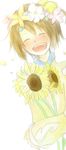  1girl blush breasts brown_hair dress eyes_closed flower hair_ornament norma_beatty open_mouth short_hair sunflower tales_of_(series) tales_of_legendia 