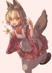  1girl animal_ear_fluff animal_ears apron arms_at_sides arms_up bangs blonde_hair blush commentary_request double_fox_shadow_puppet fang floral_print fox_ears fox_girl fox_shadow_puppet fox_tail highres japanese_clothes kimono lolita_fashion long_sleeves looking_at_viewer medium_hair okobo original osabachan red_kimono red_skirt ribbon-trimmed_legwear ribbon_trim skirt solo sparkle sparkling_eyes standing standing_on_one_leg tail thighhighs wa_lolita white_legwear wide_sleeves zettai_ryouiki 