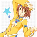  1girl blue-star6437 breasts brown_hair cleavage_cutout dress hair_ornament norma_beatty open_mouth short_hair star tales_of_(series) tales_of_legendia v yellow_eyes 