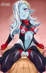  1girl artist_name bar_censor blue_skin blush bodysuit breasts censored cowgirl_position demon_girl dragon_ball dragon_ball_heroes dragon_ball_xenoverse earrings elbow_gloves girl_on_top gloves grin hair_ornament hair_over_one_eye hetero highres jewelry lipstick long_hair looking_at_viewer makeup medium_breasts navel nipples out_of_frame pointless_censoring purple_lipstick sex shikapu single_hair_intake smile solo_focus straddling towa_(dragon_ball) turtleneck vaginal white_hair 