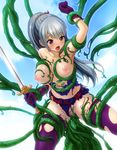  1girl borurun breasts grey_hair nipples open_mouth purple_eyes rape sword tagme tentacle vaginal 