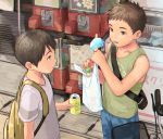  2boys b_gent backpack bag bicycle brown_eyes brown_hair c.c._lemon can food green_tank_top ground_vehicle ice_cream looking_at_another male_focus multiple_boys original sweat tank_top 