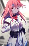  1girl absurdres artist_name belt_pouch bow bowtie braid girls_frontline gloves grin hair_ornament highres long_hair long_sleeves looking_at_viewer negev_(girls_frontline) pink_hair pouch red_eyes smile solo tegar32 white_gloves 