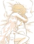 1boy 1girl artist_request bare_shoulders bed camisole from_side hug lying on_bed on_side pillow rui_(tsukihana) sketch sleeping 