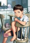  1boy b_gent barefoot black_hair blue_eyes book chair cup dish feet kitchen male_focus mug original refrigerator shirt shorts sink solo steam t-shirt table window 