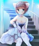  1girl absurdres animal_ears bangs bare_shoulders blue_dress blush breasts brown_hair cat_ears cleavage collarbone commentary_request dress eyebrows_visible_through_hair foreshortening gloves green_eyes high_ponytail highres idolmaster idolmaster_cinderella_girls jewelry kemonomimi_mode kuriyuzu_kuryuu maekawa_miku medium_breasts necklace parted_lips pearl_necklace ponytail railing short_hair sidelocks sitting sitting_on_stairs solo stairs star starry_sky_bright strapless strapless_dress thighhighs tiara white_gloves white_legwear 