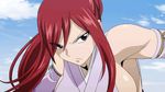  1girl animated animated_gif breasts erza_scarlet fairy_tail female japanese_clothes large_breasts long_hair red_hair sideboob solo weapon 