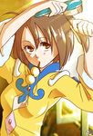  1girl blush breasts brown_eyes brown_hair cleavage_cutout dress hair_brush hair_ornament norma_beatty short_hair tales_of_(series) tales_of_legendia 