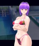  1girl artificial_academy_2 ayane_(doa) bikini breasts cleavage curvy dead_or_alive female large_breasts looking_at_viewer navel purple_hair red_eyes short_hair silver_hair solo standing swimsuit 