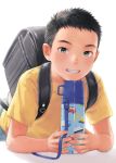  1boy b_gent backpack bag black_hair blue_eyes blush grin looking_at_viewer male_focus original randoseru shirt simple_background smile solo t-shirt white_background yellow_shirt 