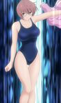  1girl bare_shoulders breasts brown_eyes brown_hair female glasses hatsukoi_limited large_breasts school_swimsuit screencap short_hair solo stitched swimsuit watase_meguru 