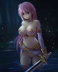  1girl areolae bare_shoulders borurun breasts breasts_outside censored female lake large_breasts long_hair navel nipples open_mouth pink_hair purple_eyes pussy skirt skirt_lift solo standing sword tagme 