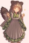  +_+ 1girl ahoge animal_ears apron arms_at_sides arms_up bangs blush brown_hair commentary_request dot_nose dress feet_out_of_frame floral_print green_dress green_kimono japanese_clothes kimono lolita_fashion long_hair long_sleeves looking_at_viewer original osabachan raccoon_ears raccoon_tail smile solo sparkle sparkling_eyes standing tail v-shaped_eyebrows w_arms wa_lolita wide_sleeves yellow_eyes 