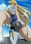  1girl bangs blonde_hair breasts bullets cleavage cloud grenadier gun handgun huge_breasts kneeling large_breasts long_hair miniskirt outdoors reloading revolver screencap skirt sky speedloader tendou_rushuna torn torn_clothes trigger_discipline very_long_hair weapon 