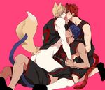  3boys animal_ears aomine_daiki ass blush cowgirl_position group_sex kagami_taiga kise_ryouta kiss kuroko_no_basuke male_focus multiple_boys riding straddling tagme tail undressing yaoi 