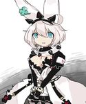  1girl ahoge alternate_costume alternate_hair_color aqua_eyes arc_system_works breasts cleavage collar dress elphelt_valentine fingerless_gloves gloves guilty_gear guilty_gear_xrd guilty_gear_xrd:_revelator looking_at_viewer negi_(kyouki-beya) silver_hair smile solo spiked_collar spikes 