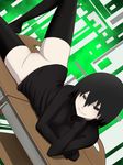  1girl black_eyes black_hair black_legwear desk looking_at_viewer monogatari_(series) okipuu oshino_ougi owarimonogatari pussy solo uncensored 