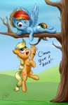  2017 absurd_res applejack_(mlp) cowboy_hat cutie_mark duo earth_pony english_text equine female feral friendship_is_magic hair hat hi_res horse lachlan765 mammal multicolored_hair my_little_pony outside pegasus pony rainbow_dash_(mlp) rainbow_hair sky text tree wings 