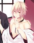  2boys blonde_hair blush chikage_kazama hakuouki_shinsengumi_kitan male_focus multiple_boys naughty_face nipples short_hair tagme undressing yaoi 