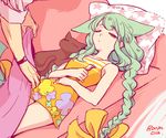  1girl braid cat gatchaman gatchaman_crowds glasses green_hair long_hair pillow sleeping twin_braids unko_yoshida utsutsu 