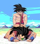 2boys abs age_difference anal animated animated_gif ass bara black_hair blood blush dragon_ball dragonball_z long_hair male_focus multiple_boys muscle outdoors pecs raditz scouter size_difference son_gokuu steam sweat tagme tail yaoi 