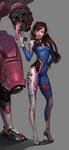  bodysuit brown_hair d.va d.va_(overwatch) full_body gatling_gun gun hana_song handgun headphones j.j. mecha midfinger overwatch solo weapon 