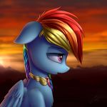  2017 absurd_res equine feathered_wings feathers female feral friendship_is_magic hair hi_res jewelry lachlan765 landscape mammal my_little_pony necklace outside pegasus pink_eyes rainbow_dash_(mlp) sad sky solo sunset wings 