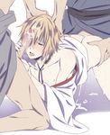  3boys anal ass blonde_hair blush bottomless chikage_kazama cum cum_on_body drooling facial fellatio group_sex hakuouki_shinsengumi_kitan male_focus multiple_boys naughty_face oral penis saliva short_hair size_difference spitroast undressing yaoi 