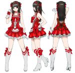  1girl black_hair boots bow character_sheet dress from_behind from_side full_body gloves headband high_heel_boots high_heels multiple_views original red_bow red_dress red_ribbon ribbon sleeveless white_boots white_footwear white_gloves yasuda_akira 