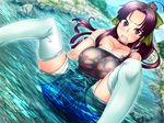  amano_mitsurugi angry areolae breasts clenched_teeth female game_cg hair_ribbon highres large_breasts legs long_hair looking_at_viewer mama_camp_plus! nipples ponytail purple_eyes purple_hair ribbon river see-through shorts sitting solo spread_legs teeth thighs water wet wet_clothes white_legwear 