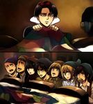  5boys armin_arlert bangs bed black_hair blanket blonde_hair blue_eyes blush bow boy_sandwich brown_hair christa_renz comic commentary connie_springer cosplay covering disney eren_yeager food_in_mouth hair_between_eyes hair_bow hat indoors jean_kirchstein levi_(shingeki_no_kyojin) lipstick looking_at_another makeup mikasa_ackerman mouth_hold multiple_boys multiple_girls on_bed open_mouth parody potato rosel-d sandwiched sasha_braus scared scarf shaded_face shingeki_no_kyojin shirt short_hair silent_comic silver_eyes snow_white snow_white_(disney) snow_white_(disney)_(cosplay) snow_white_and_the_seven_dwarfs surprised sweatdrop 