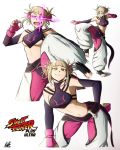  1girl blonde_hair boku_no_hero_academia cowboy_shot fighting_stance han_juri_(cosplay) highres kellzallday30 legs_apart looking_at_viewer short_hair solo street_fighter toga_himiko 