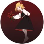  1girl arm_behind_back ascot barefoot black_skirt blonde_hair circle eyebrows_visible_through_hair flower frame full_body gradient gradient_background hair_ribbon holding holding_flower long_sleeves looking_at_viewer mefomefo open_mouth poinsettia red_eyes ribbon rumia skirt skirt_set solo teeth touhou vest 