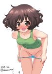  1girl absurdres akiyama_yukari artist_logo bangs bent_over blue_panties blush breasts brown_eyes brown_hair commentary_request dated excel_(shena) eyebrows_visible_through_hair girls_und_panzer green_shirt groin highres leaning_forward looking_at_viewer medium_breasts messy_hair no_pussy open_mouth panties panty_pull pulled_by_self shirt short_hair simple_background smile solo standing striped striped_panties sweatdrop tank_top thigh_gap thighs twitter_username underwear white_background 