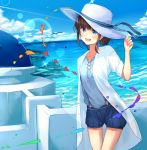  1girl :d absurdres bird blonde_hair blue_eyes blue_ribbon blue_shirt blue_shorts blue_sky blush breasts cleavage cloud collarbone day hat hat_ribbon highres isutoon_(ist3129) lens_flare ocean open_mouth original outdoors ribbon shirt short_hair short_shorts short_sleeves shorts sky small_breasts smile solo standing sun_hat suspender_shorts suspenders thigh_gap white_hat 
