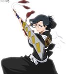  1girl black_hair bleach blue_eyes fighting_stance forehead glasses ise_nanao looking_at_viewer purple_eyes shihakusho shinigami simple_background solo stiky_finkaz sword weapon 