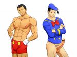  2boys abs bottomless costume crossed_arms donald_duck donald_duck_(cosplay) erection gloves male_focus mickey_mouse mickey_mouse_(cosplay) multiple_boys muscle penis shirtless simple_background tagme topless yaoi 