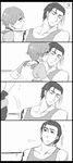  1girl 4koma billy_coen blush closed_eyes comic greyscale hetero kiss monochrome murachan_(kuzukago) rebecca_chambers resident_evil resident_evil_0 short_hair sleeping tattoo 