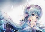  1girl :d blue_eyes blue_hair detached_sleeves eyebrows_visible_through_hair floating_hair hair_between_eyes hatsune_miku highres long_hair long_sleeves open_mouth petals shiny shiny_hair smile solo tingqu twintails very_long_hair vocaloid white_sleeves 