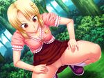  1girl amano_mitsurugi blonde_hair blush breasts censored cleavage forest game_cg grass highres legs looking_down mama_camp_plus! mosaic_censoring mound_of_venus nature no_panties pussy red_eyes short_hair skirt small_breasts sneakers socks solo squatting thighs tree 