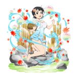  1girl :d animal_print autumn_leaves bamboo barefoot basket black_eyes black_hat blue_towel breasts bubble collarbone fish_hair_ornament fish_print full_body hair_ornament hat highres holding holding_basket kirigaya_suguha leaf looking_at_viewer maple_leaf medium_breasts naked_towel official_art onsen open_mouth print_towel short_hair smile solo sparkle sword_art_online towel transparent_background water 