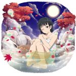  1girl ;) autumn_leaves barefoot black_eyes black_hair breasts cleavage cloud collarbone full_body full_moon hand_on_leg head_tilt highres kirigaya_suguha leaf looking_at_viewer maple_leaf medium_breasts moon naked_towel night official_art one_eye_closed onsen outdoors partially_submerged shiny shiny_hair short_hair sitting smile soles solo sparkle sword_art_online towel transparent_background water white_towel 