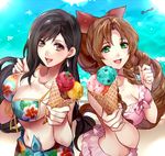  aerith_gainsborough black_hair breasts brown_eyes brown_hair cleavage commentary_request earrings final_fantasy final_fantasy_vii green_eyes jewelry large_breasts long_hair low-tied_long_hair midriff multiple_girls navel swimsuit tama_(tmfy5) tifa_lockhart 
