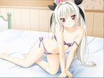  1girl barefoot bed blush breasts cleavage feet game_cg hapitora happy_transportation legs limia_de_wolfstein lingerie peko red_eyes small_breasts smile solo strap_slip underwear white_hair 